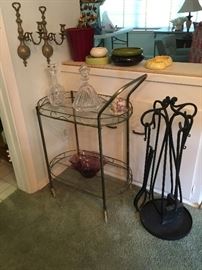 Brass & Glass tea cart, Iron fireplace set