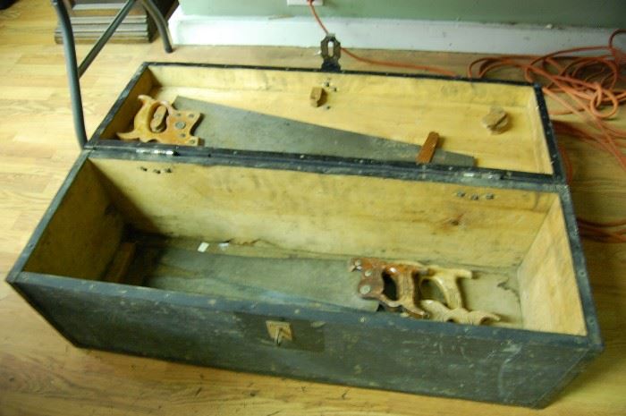 Antique Carpenter's Saw Chest with Saws