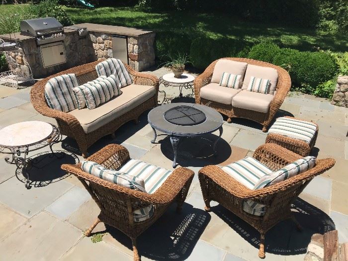 Outdoor Wicker Sofas and Chairs and Firepit 