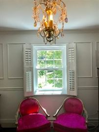 Pair of Pink French Chairs and Chandelier