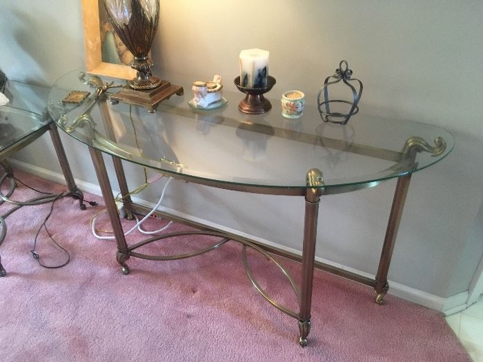 Glass/brass sofa table, beveled glass