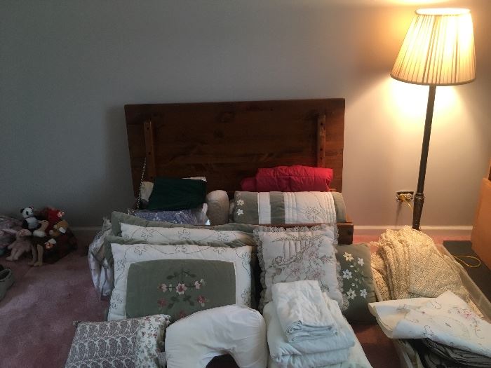 Quilts, bedding, chest & floor lamp