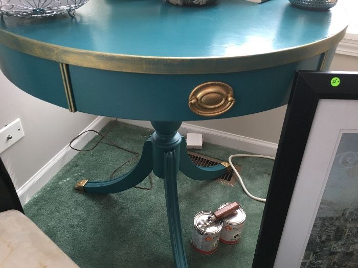 Wooden teal drum table with drawer