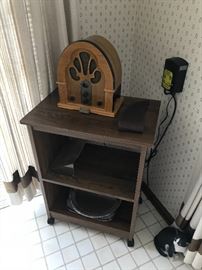 Rolling cart holds vintage reproduction radio!