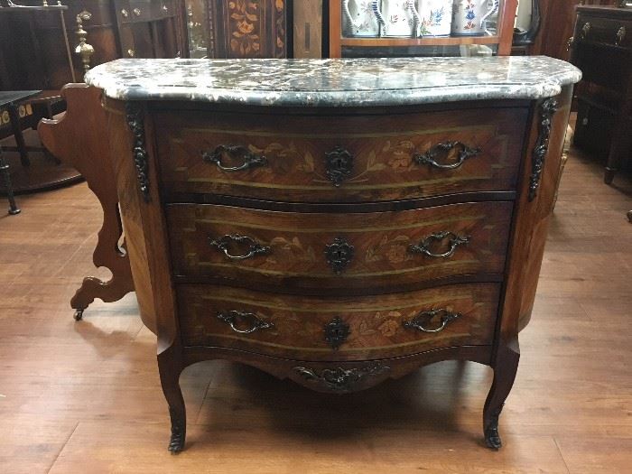 HV. French Louis XV-style Demilune Commode. Marquetry with grey marble top. 19th century.