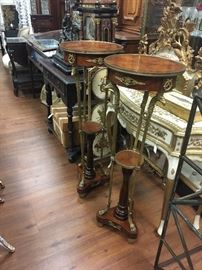HV. Furniture: pair of Empire Style Stands, assortment of vintage Italian "Florentine" painted and gilt furniture.
