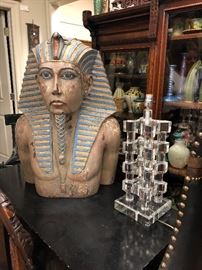 Miami. Large King Tut carved wood bust, Lucite Lamp.