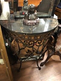 HV. Wrought Iron Demilune Console with Black Marble Top.