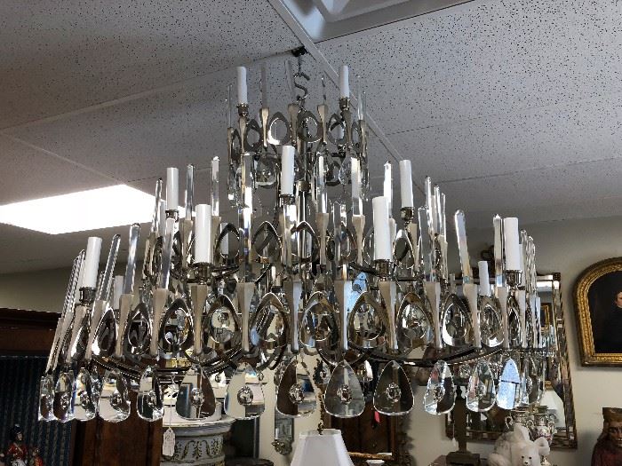 Miami. Large Mid-century Modern Italian Chrome and Crystal Chandelier.