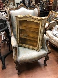 HV. Louis XVI-style gilt-wood Wingback Chair and Vintage Italian Venetian Hanging Cabinet.