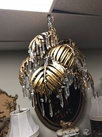 Mid-Century Gilt-metal and Crystal Palm Frond Fixture.