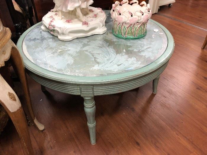 Vintage Italian Painted Round Coffee Table with mirrored eglomise top.