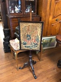 English Georgian Chippendale Firescreen with period needlepoint panel.