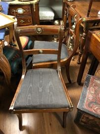 Pair of English Regency Period Chairs by John Gee (stamped). Mahogany with brass inlay.