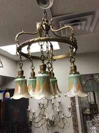 Bronze fixture with art glass shades (unsigned, but likely Quezal/Steuben or contemporary company)