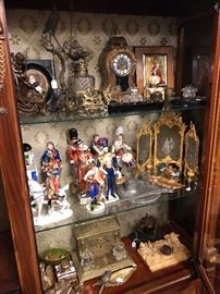 Antique inkwells, Dresden porcelain figurines.