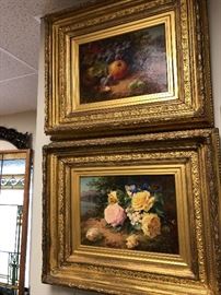 Floral Still Life and Fruit Still Life in period Victorian frames. Artist Signed.