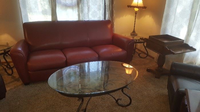 Nice Red Leather Sofa and Glass top Coffee and End tables