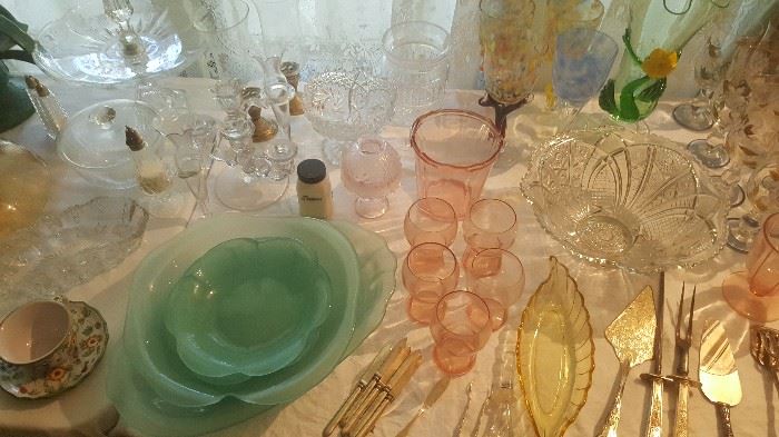 Pink and green Depression Glass