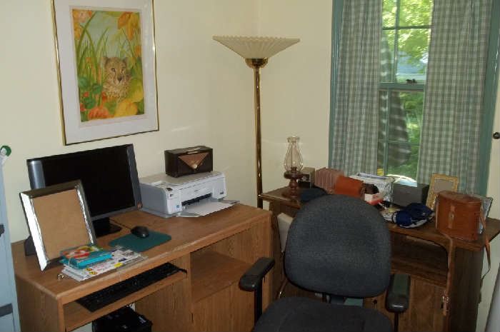 Desks, chair, computer & floor lamp