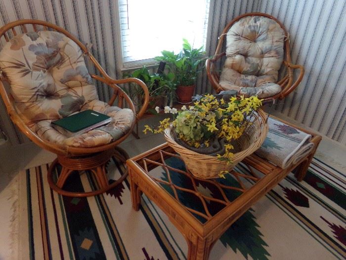 Wicker Chairs with Cushions and Matching Wicker Coffee Table + Wicker Basket + Plants