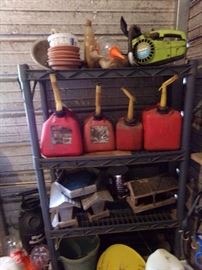 Shelving + Gas Cans + Bird Houses + Chain Saw