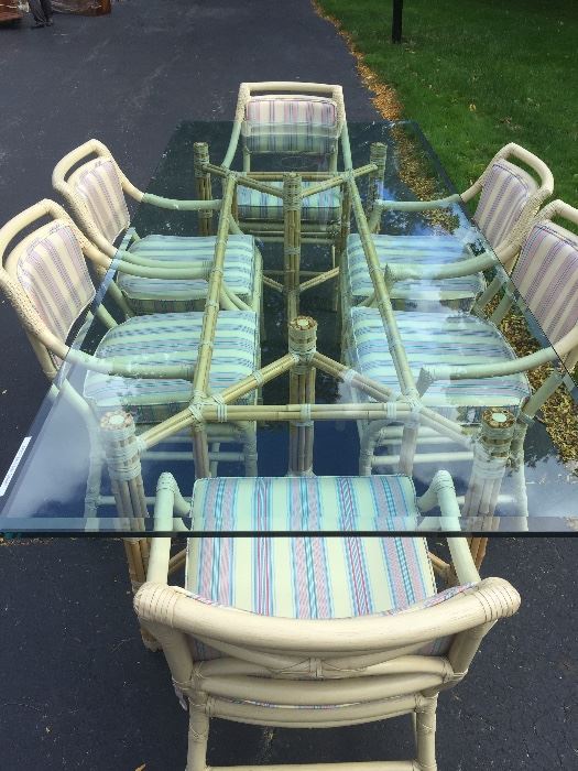  John McGuire Glass Bamboo Table and Six Chairs. Beveled Glass 3/4 thickness height 29
Width 42 length 96
 (Glass Table can be sold separately from chairs) 