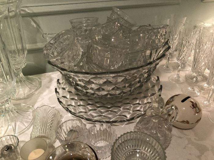 American Fostoria Punch bowl with tons of matching cups and glass ladle