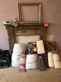 Antique mantle, linens etc