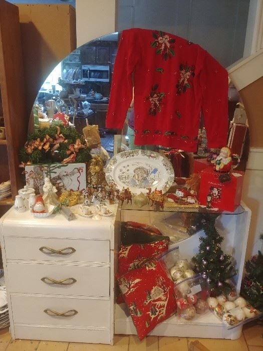 Art Deco vanity and lots of vintage and contemporary Christmas and Thanksgiving items