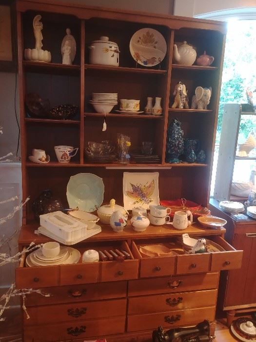 40s maple buffet/hutch, lots of mid-century pottery/tableware (Franciscan, Metlox, Georges Briard, etc.)