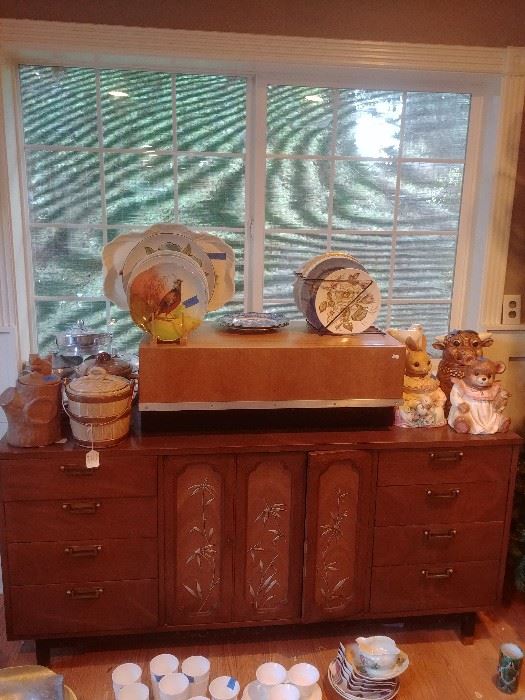 Mid-century side board/dresser with bamboo inlay, cookie jars, some McCoy