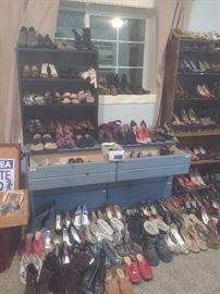 Mainly contemporary shoes and boots, dresser and bookshelves