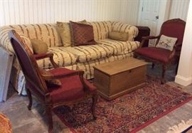 Down filled sofa, antique pine trunk, set of 4 upholstered  arm chairs
