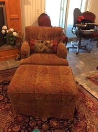 Two coordinating upholstered  Paisley chairs with matching ornaments