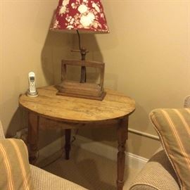 Round English pine side table .  Antique pine table lamp