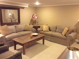 Set of taupe sofas, farm pine coffee table 