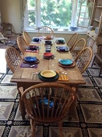 8 foot English fine farm table and a set of eight Windsor Chair Works Windsor chairs