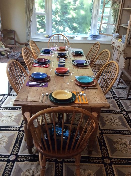 8 foot English fine farm table and a set of eight Windsor Chair Works Windsor chairs