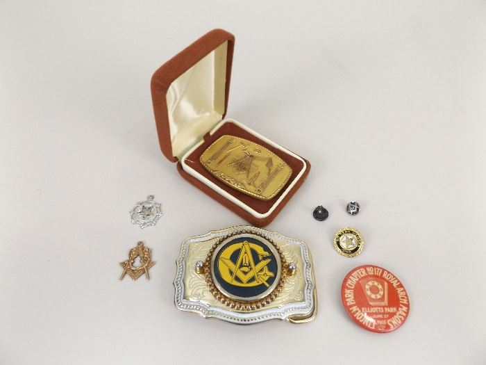 Lot of Collectible Free Mason Belt Buckles, Pins, etc.
