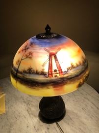 CLOSE UP VIEW OF REVERSE PAINTED GLASS SHADE WITH ORNATE TABLE BASE - EXCELLENT CONDITION