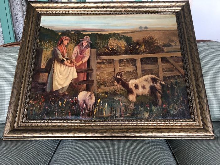 19TH CENTURY ANTIQUE OIL PAINTING ON CANVAS IN ORIGINAL WOOD FRAME - PEASANTS WITH GOATS