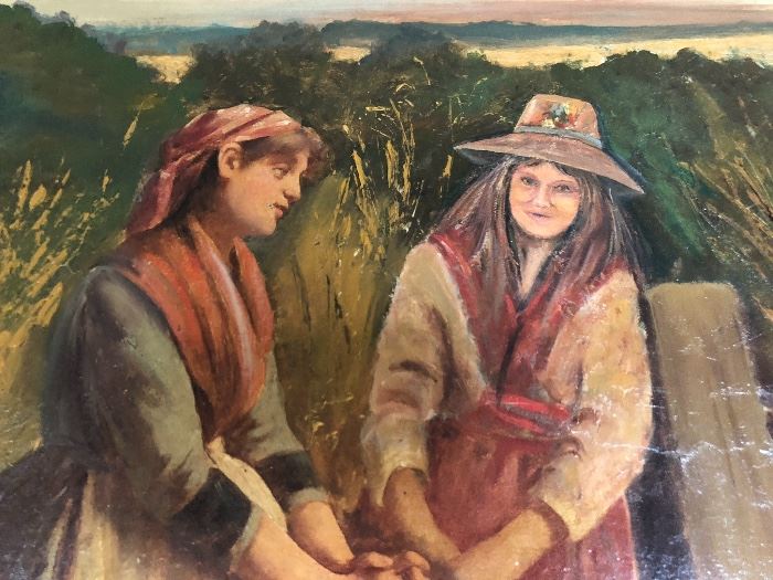 CLOSE UP VIEW OF PEASANTS WITH GOATS OIL PAINTING ON BOARD 19TH CENTURY