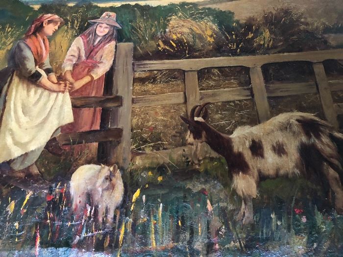 FULL CLOSE UP VIEW OF THIS RARE OIL PAINTING ON CANVAS PEASANTS WITH GOAT ANTIQUE 19TH CENTURY OIL PAINTING ON CANVAS
