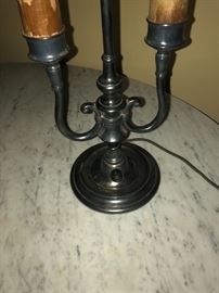 CLOSE UP VIEW OF SIGNED PAIRPOINT TABLE BASE WITH ORIGINAL PAIRPOINT REVERSE PAINTED GLASS SHADE