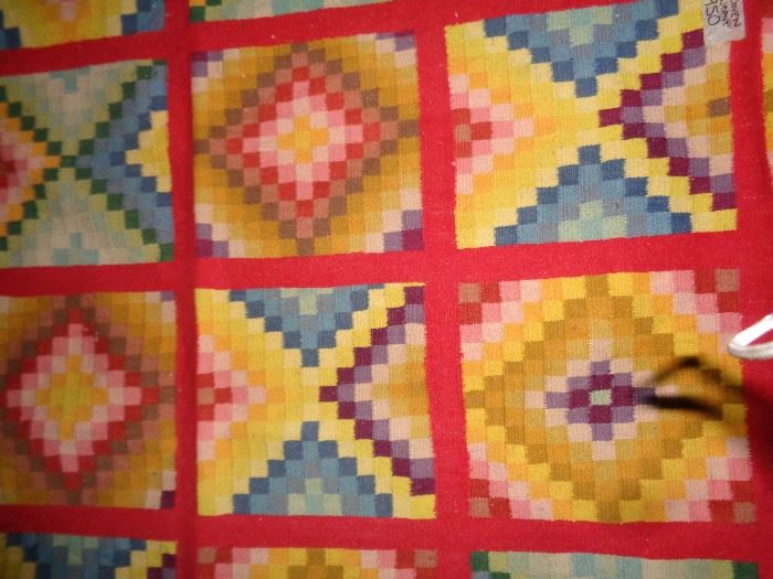 CLOSE UP VIEW RARE GEOMETRICAL FLOOR RUG EXTREMELY SMALL WEAVE HAND WOVEN