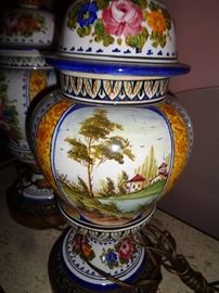 CLOSE UP VIEW OF LANDSCAPE PAINTING ON SIDE OF PORCELAIN ITALIAN LAMP
