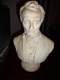 CLOSE UP VIEW OF SIGNED ABRAHAM LINCOLN PLASTER BUST ANTIQUE