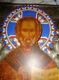 CLOSE UP VIEW - RARE SIGNED RUSSIAN ICON WITH STERLING SILVER FRAME WITH HALLMARKS SIGNATURE CIRCA 1820'S