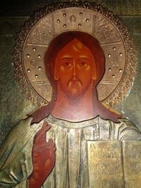 CLOSE UP VIEW - RARE SIGNED RUSSIAN ICON WITH STERLING SILVER FRAME WITH HALLMARKS SIGNATURE CIRCA 1820'S